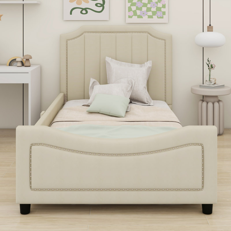 Lit de jour rembourré avec tête de lit à rayures classique, Beige
