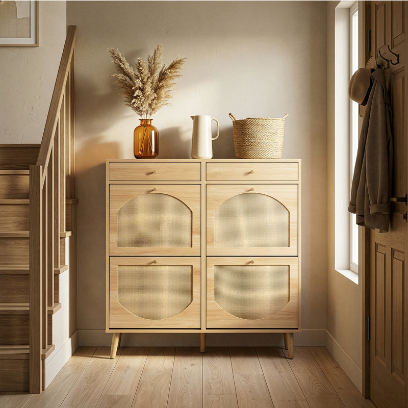 Armoire à chaussures en rotin à 2 tiroirs et 4 tiroirs avec panneau de particules l 41,34 po, Bois naturel