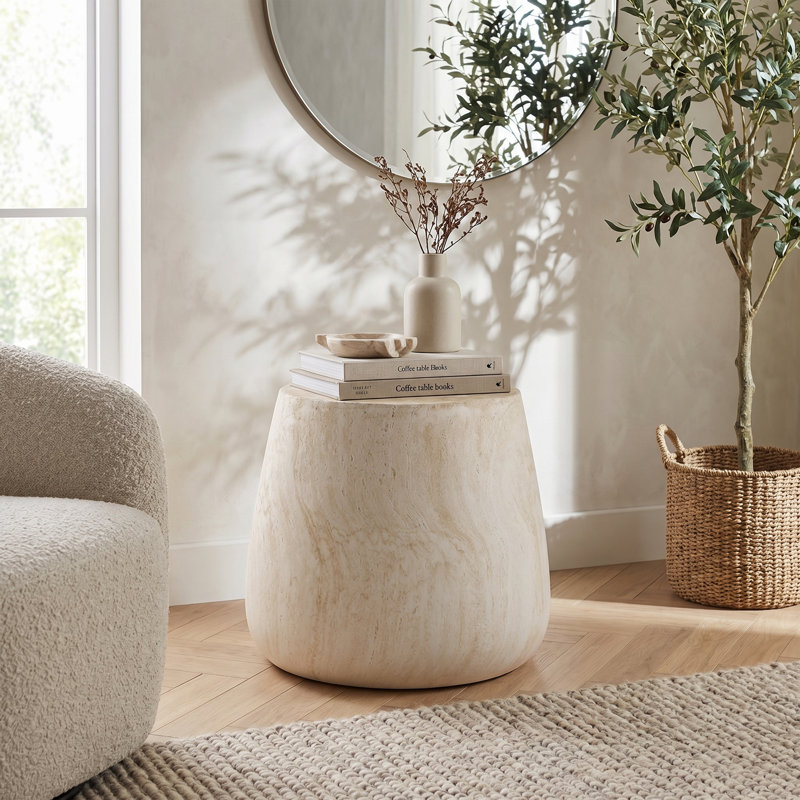 Table d'appoint ronde fuselée avec finition texturée semblable à la pierre naturelle, fabrication robuste en oxyde de magnésium, table de bout d'appoint peu encombrante pour le salon, la chambre à coucher, le balcon, s'adapte aux styles moderne, minimaliste,