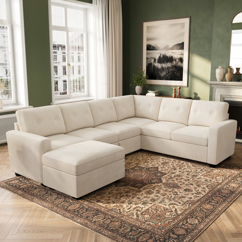 Canapé-lit d'angle en velours côtelé Abramson de 270 cm (106,2 po) en forme de U avec pouf de rangement, Velours côtelé beige