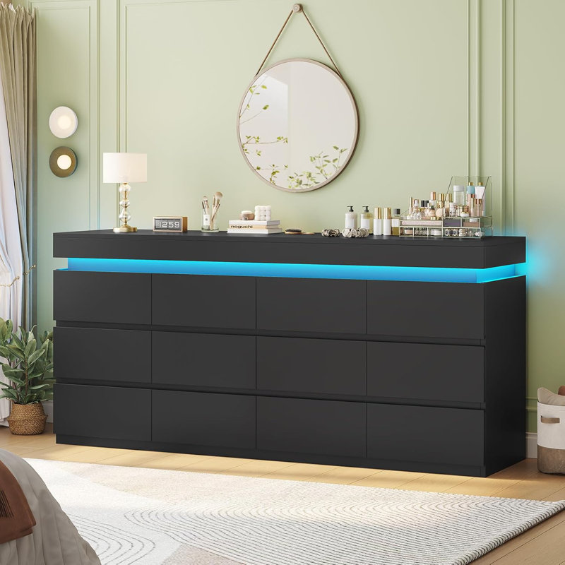 Commode 12 tiroirs avec éclairage à DEL, commode moderne pour la chambre à coucher, commode longue avec tiroirs pour le salon, l'entrée, le couloir
