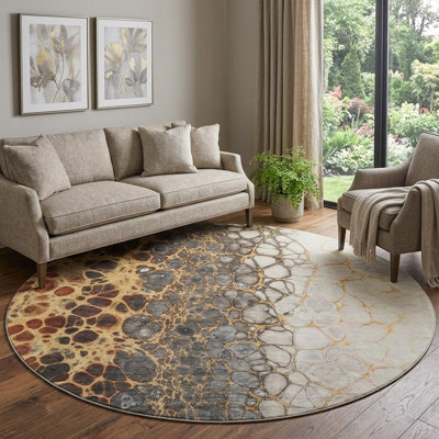 8' Ivory Grey And Gold Abstract Washable Round Rug With UV Protection