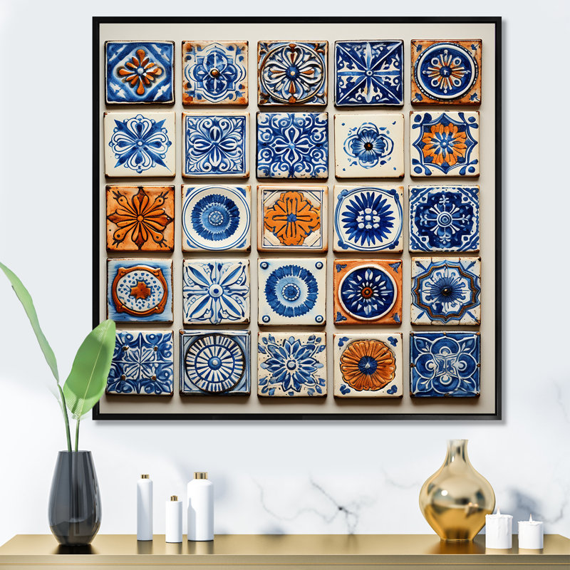Boho Turkish Blue Tiles 1 - Boho Tiles, art mural, Noir, H 30 po x l 30 po