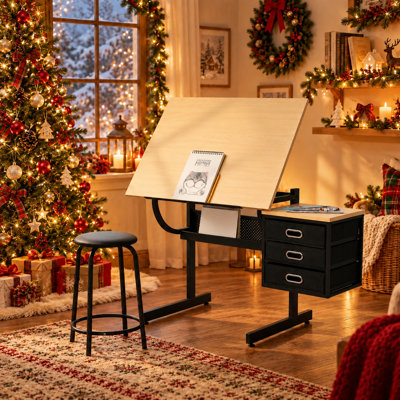 Table de dessin réglable L 45,27 po x l 23,62 po x H 30 po. Table de bricolage 1 pièce en érable avec cadre inclinable et 3 tiroirs de rangement