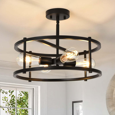 4-Light Farmhouse Drum Black Caged Semi Flush Mount