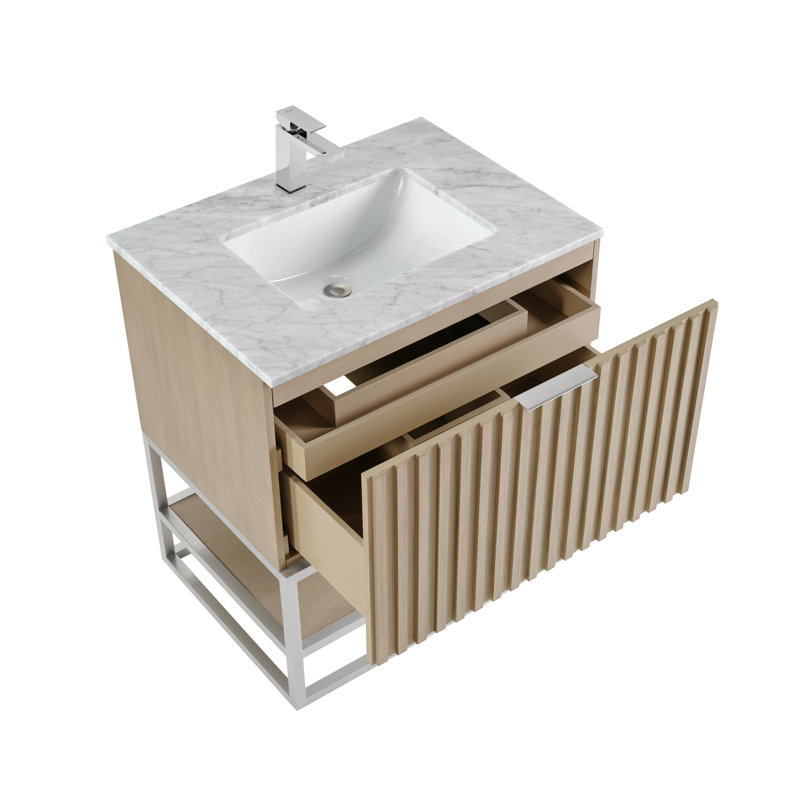 Terra 30'' Single Bathroom Vanity with Top, Walnut, Carrara Marble/Single Faucet Mount, Brushed Nickel