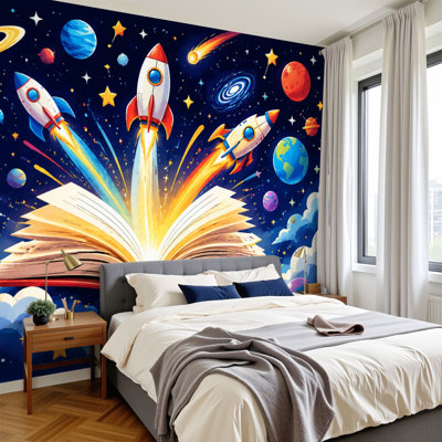 Peel and Stick Wallpaper Open Book Rockets Colorful Planets Whimsical Space Wall Murals 100"H x 144"W Removable PVC Wall Paper Self-Adhesive Wall Decor for Bedroom Living Room Home Office