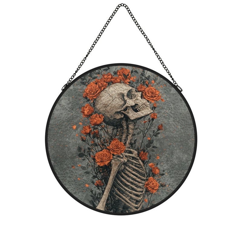 Squelette au milieu de roses vitrail pour fenêtre, 6,3 x 6,3 po (16 x 16 cm)