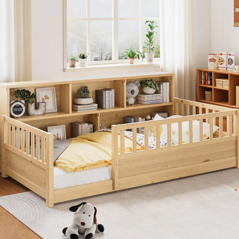 Lit en bois avec garde-corps et tablette de rangement, Lit simple, Naturel