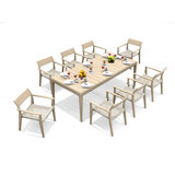 10 Seats 11 Pcs Grade-A Weathered Teak Wood Dining Set: 98" Sema Rectangle Table  And 10 Amilo Stacking Arm Chairs #11AM3310
