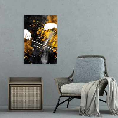 Golden Cello Melody Abstract Dramatic Contemporary Wall Art Print 1 Piece Wrapped Canvas Wall Art