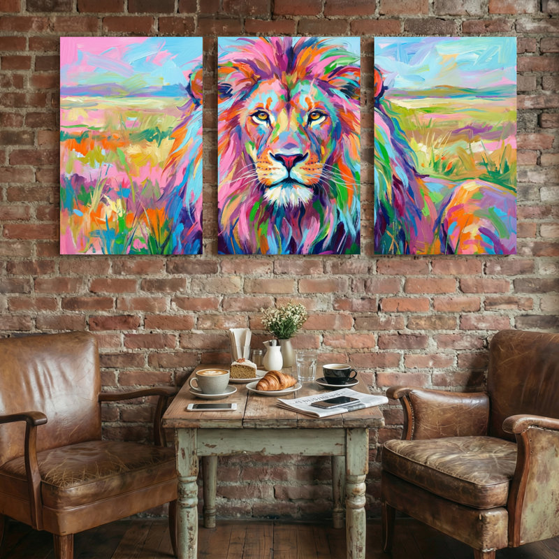 Animaux, lion coloré, ensemble de 3 reproductions d'art sur toile, H 36 po x l 72 po