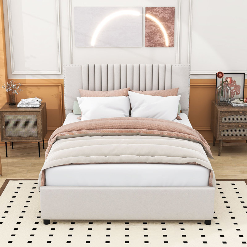 Lit plateforme tapissier à 2 tiroirs avec lit gigogne simple Grifin, Double, Beige