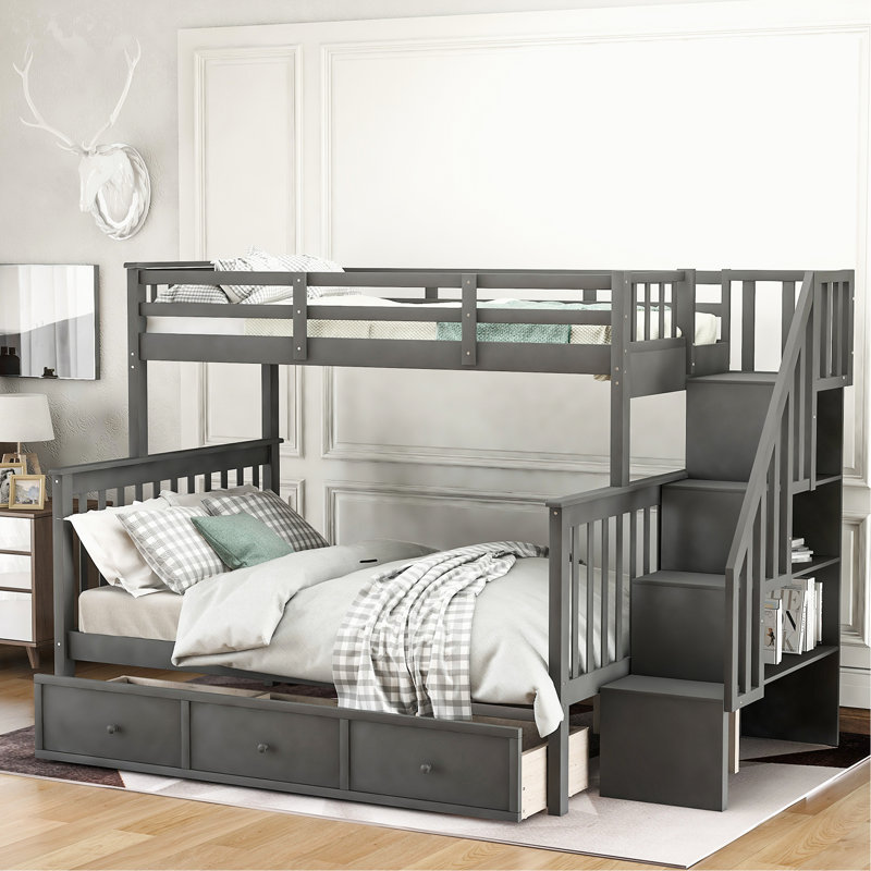 Gray Stairway Twinfull Bunk Bed With Storage. Safe For Bedroom, Dorm Life. Versatile Design. Accommodates Adults. Solid Wood. Assembly Included Drawer In Gray. And Practical Dorm. Fits Pine Frame.