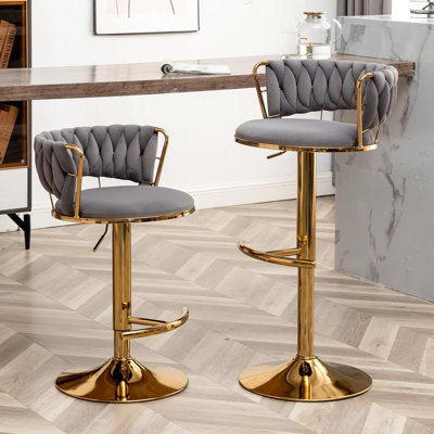 Swivel Bar Stools Set of 2, Counter Height Bar Stools with Low Back, Velvet Adjustable Height Barstools, Gold Bar Stools for Kitchen Island, Pub (Grey)
