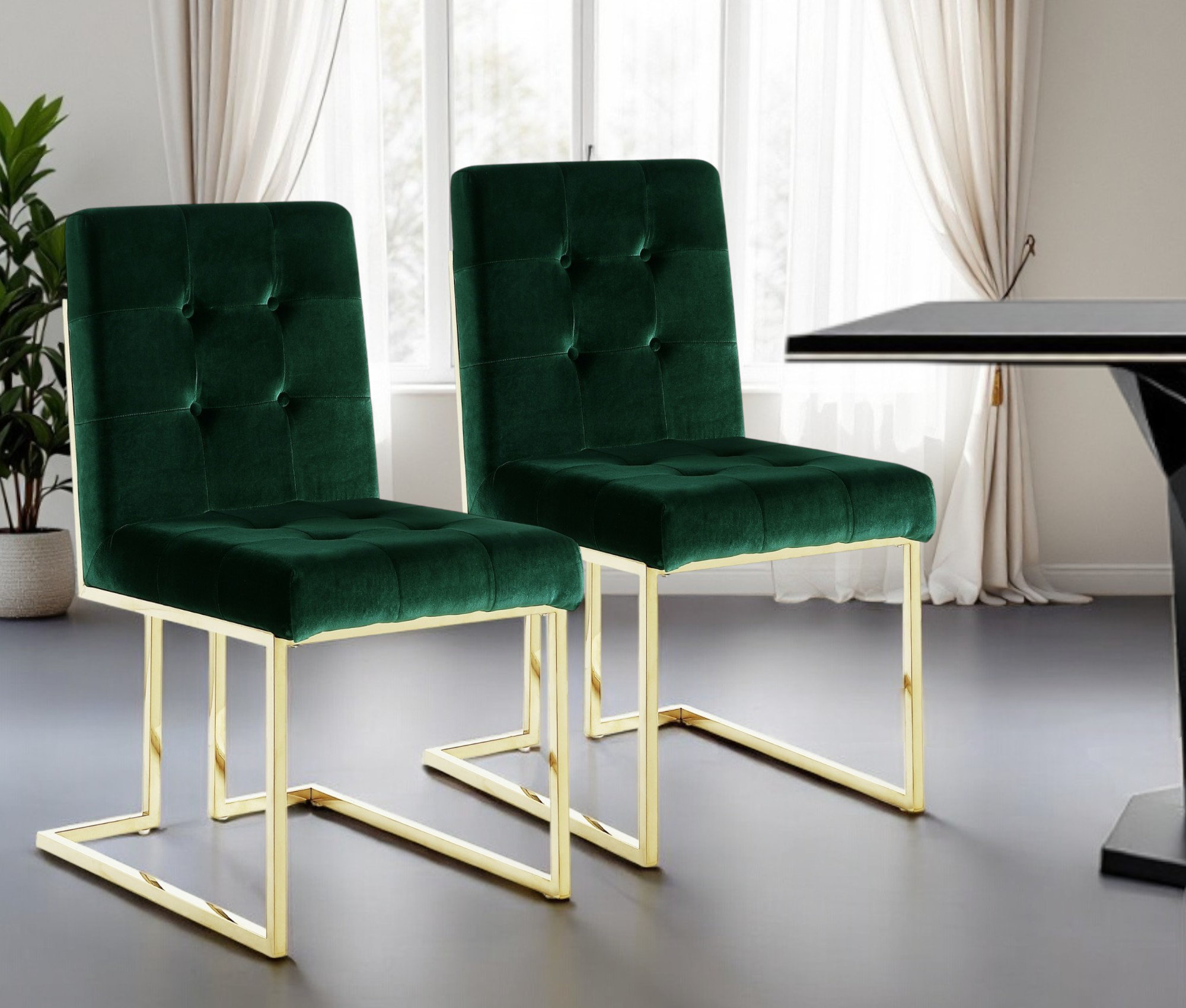 HomeRoots Set of Two Tufted Hunter Green and Gold Upholstered Velvet ...