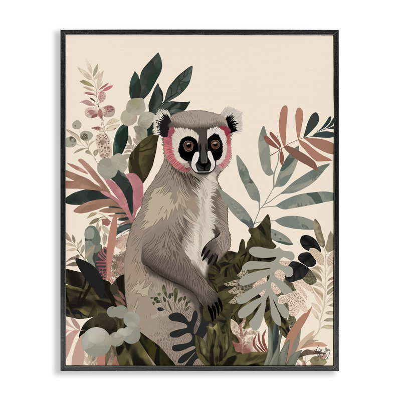 Lémurien dans un arbre tropical, estampe numérique par Fab Funky, H 20 po x l 16 po, Giclée encadrée noir minuit