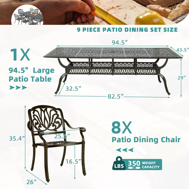 Ensemble de salle à manger de patio 9 pièces pour 8 personnes, ensemble de table et chaises de patio en aluminium coulé toutes saisons - table rectangulaire de 94,5 po et 8 chaises de jardin, trou pour parasol 2 po