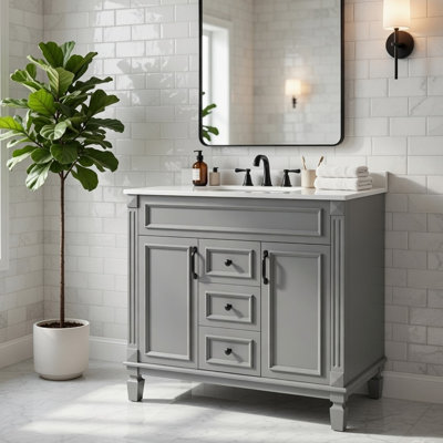 Gwen 36 Inch Bathroom Vanity With Built In Sink, 2 Doors, Gray, Ceramic