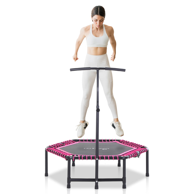 Soozier 4' Foldable Hexagon Indoor Fitness Trampoline with Handlebar, Pink