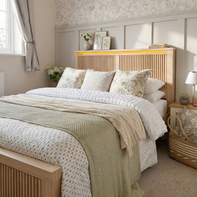 Fluted Panel Platform Bed with Storage, LED Lights & USB Charging