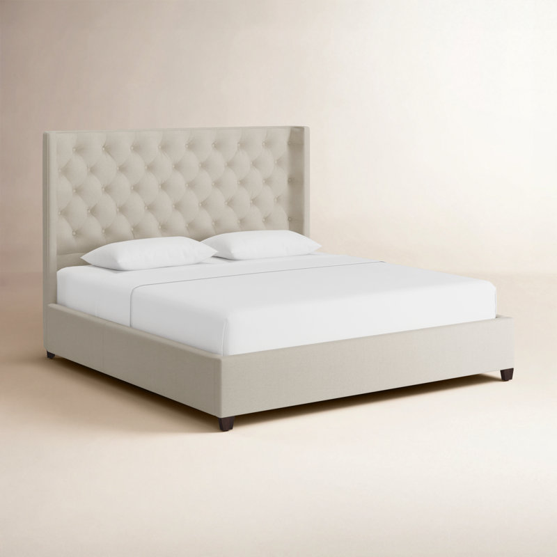 Lit plateforme tapissier très grand Naveen, Lin beige clair