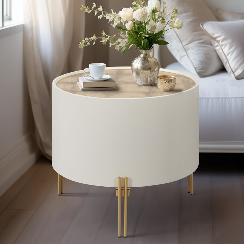 Table d'appoint en bois et verre avec design moderne et glamour rond, Blanc, H 21 po x L 24 po x l 24 po