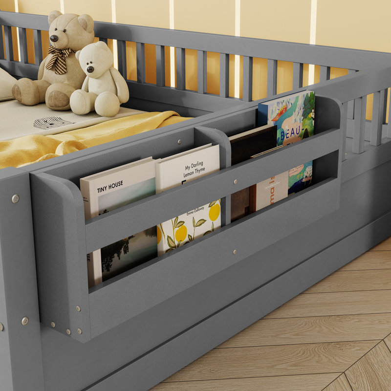 Lit de sol Rivvi Montessori avec garde-corps élevés, lumière DEL et tablette de rangement, Double, Gris