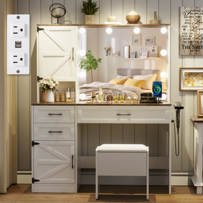 Greyden Vanity Set with Glass Top and Outlets