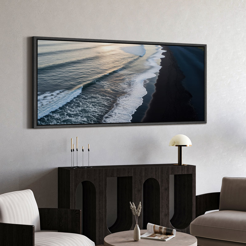 "Ocean Waves at Sunset", art mural sur toile - Photographie côtière sereine pour maison de plage ou espaces relaxants, Noir