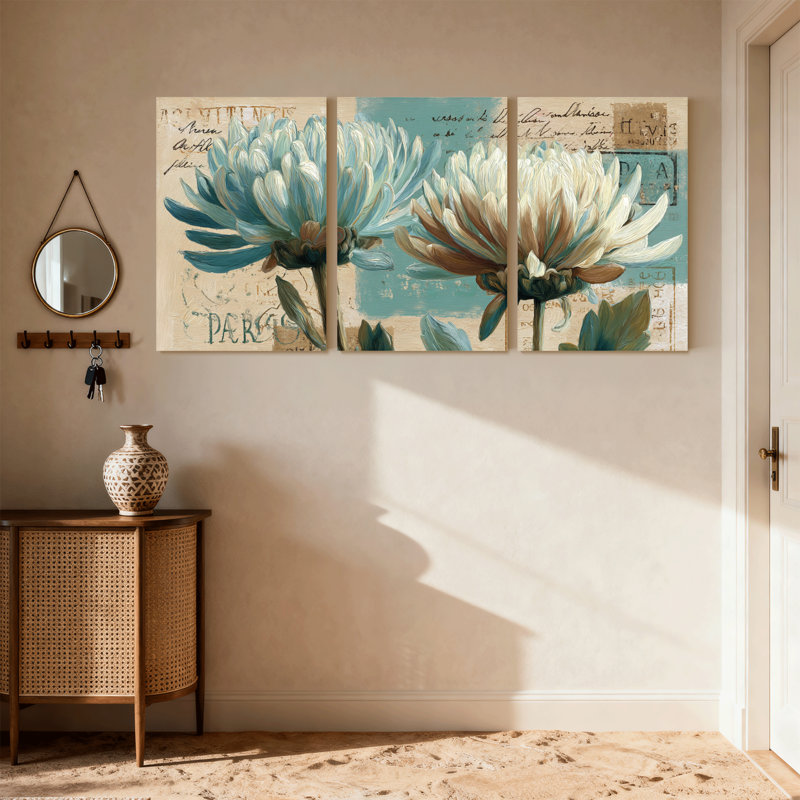 Plantes et fleurs, art floral rétro sur fond bleu, ensemble de 3 impressions sur toile, H 18 po x l 36 po