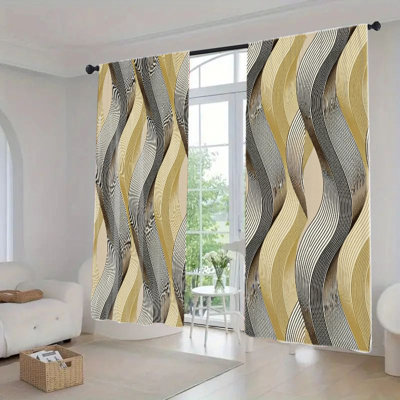2Pcs Abstract Geometric Wave Pattern  Light Filtering Curtain, Modern Minimalist Striped Rod Pocket Window Drapes For living bedroom Kitchen Dining Cafe, Decor Home Treatment