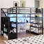 Lit mezzanine double avec escalier gauche ou droit, garde-robe, bureau en L, tablettes de rangement et 16 lumières à DEL de couleur, noir, capacité de 350 lb, choix de lumières intégrées, charge maximale