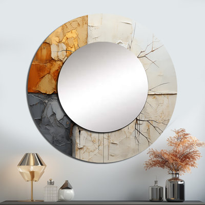 Abstrait de fractale abstraite gris et jaune - miroir mural de fractales, miroir décoratif rond moderne, impression d'art en métal