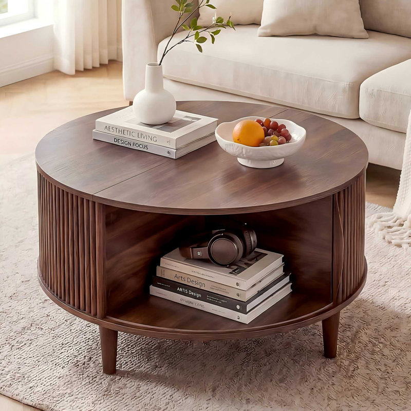 40" Round Drum Coffee Table with Hidden Storage, Fluted Wood Slat Design & Sliding Tambour Door, Brown