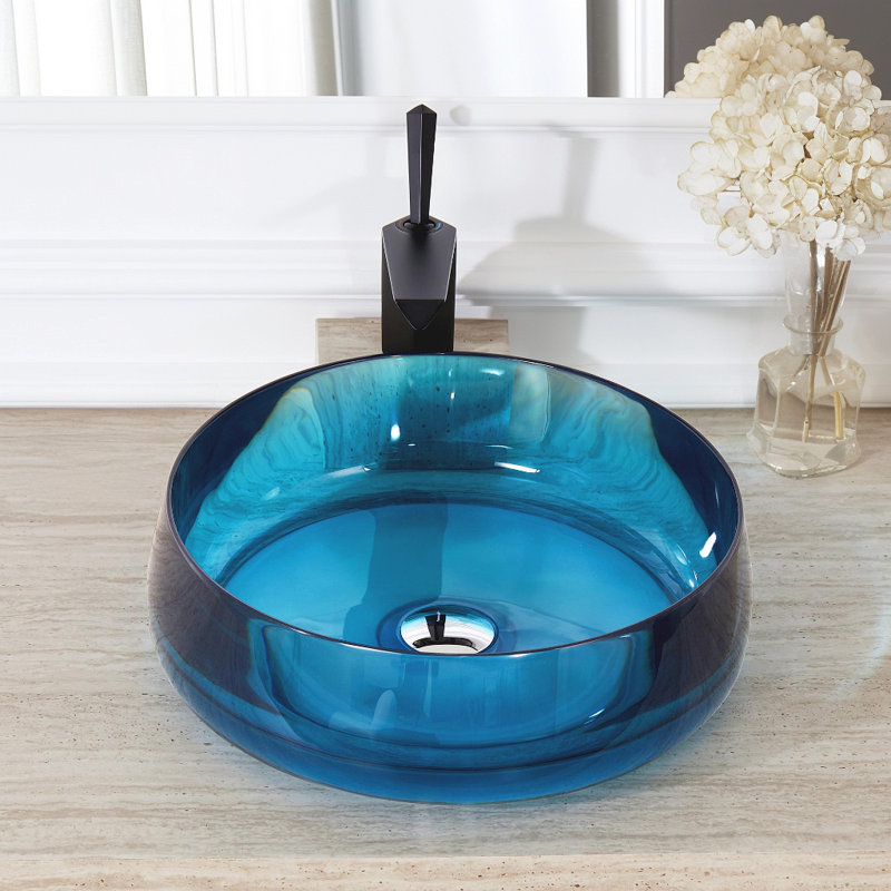Cpingao 17.7" Transparent Bathroom Sink Round Vessel Bathroom Sink, Blue