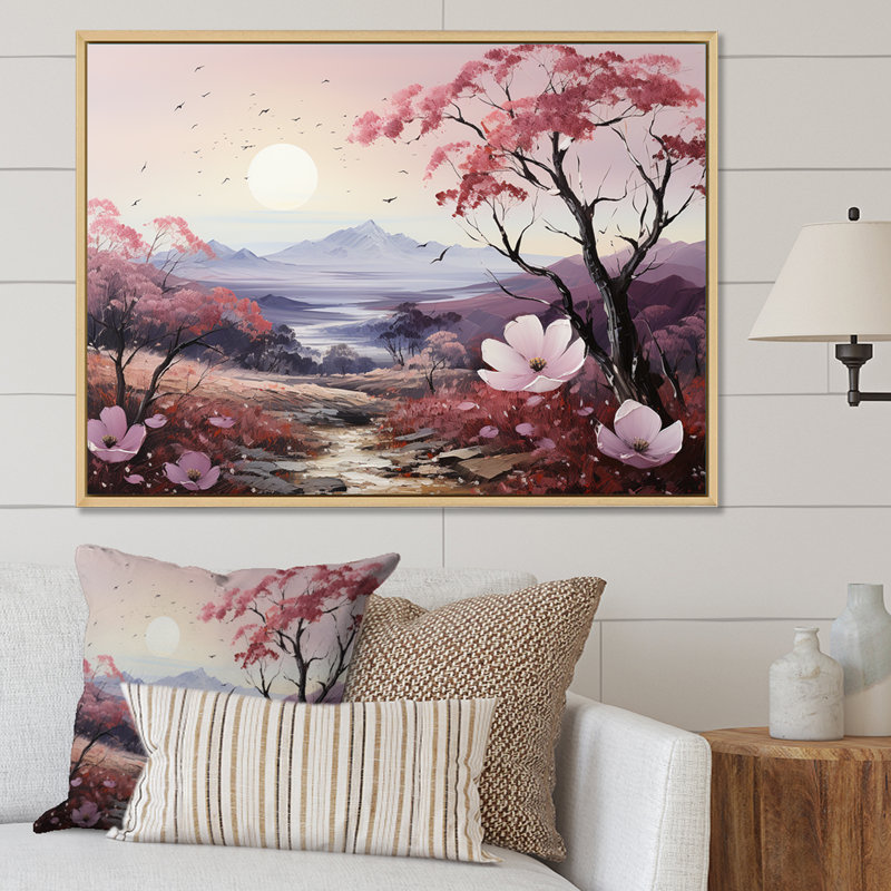 «Pink Trees Blooming In Mountain Charm I», reproduction sur toile, Cadre naturel flottant, H 24 po x l 32 po x P 1 po