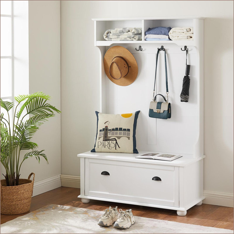 Arbre d'entrée avec banc à chaussures, crochets à manteau et amp; Tablettes ouvertes | Blanc moderne classique | Panneau de fibres à densité moyenne