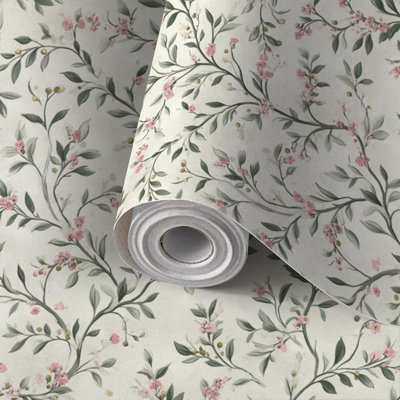 Peel and Stick Wallpaper Contact Paper Ivory Botanical Vine Watercolor Floral Detail Self Adhesive and Removable 24in x 118in(60x300cm)