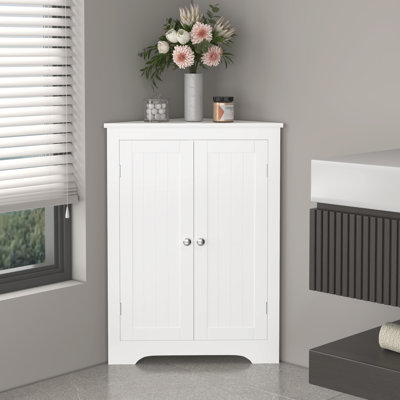 Armoire de coin réglable à tablette blanche pour salle de bain, cuisine, salon - autoportante avec 2 portes et attrayante pièce de rangement, chambre étroite