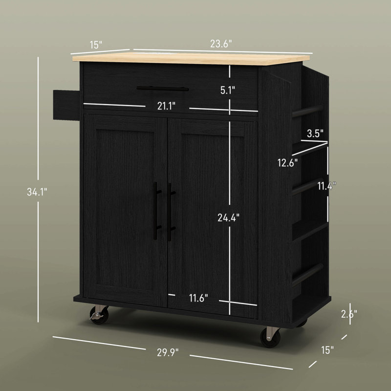 Black Rolling Kitchen Island With Ac Outlets And , Towel Rack & Spice Rack, Storage Cart, Microwave Stand,