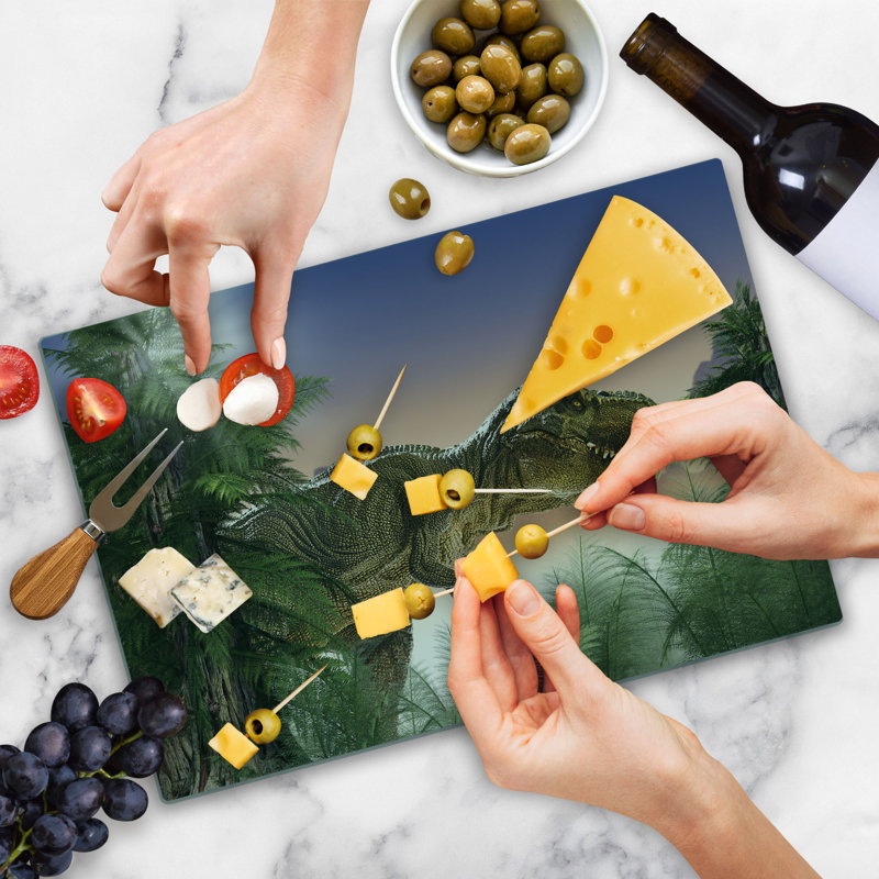 Ambesonne Jurassic Cutting Board Large Size Dinosaur in the Jungle Peach Green Blue