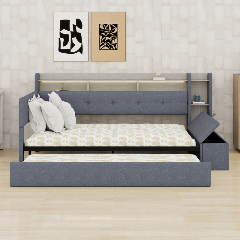 Modern Upholstered Daybed with Storage Footstool, Built-In Shelves, Trundle, USB and LED, Grey