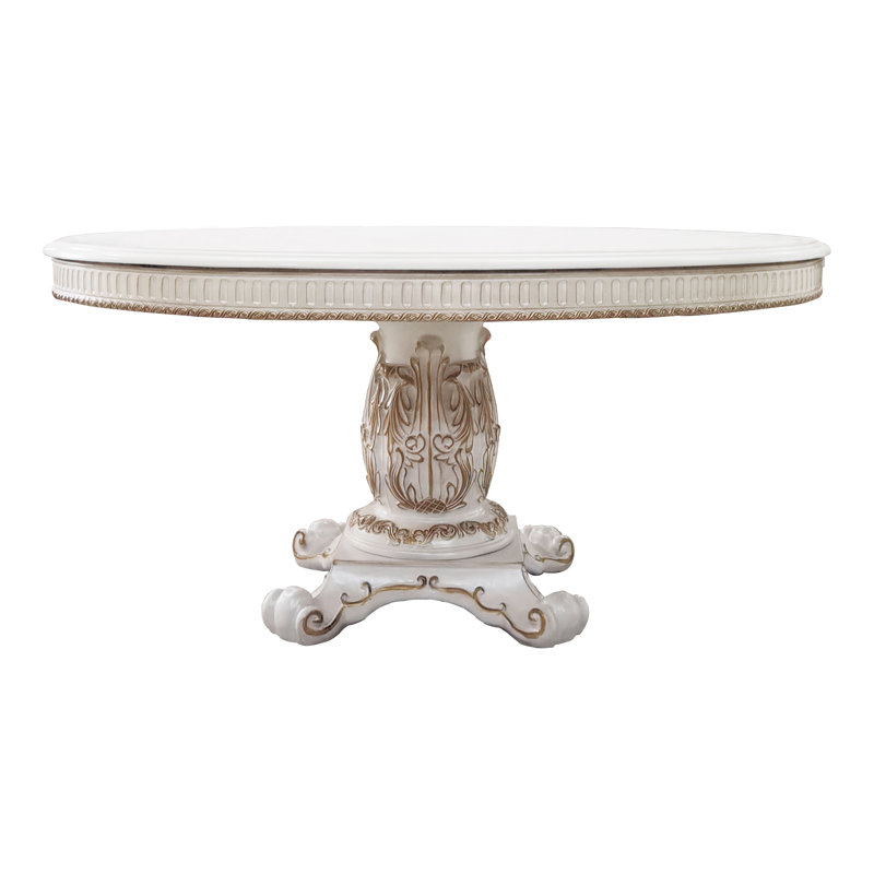 Antique Pearl Finish Round Wooden Dining Table with Pedestal Base