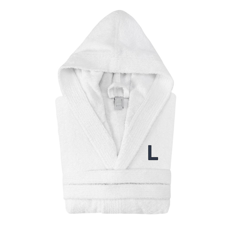 Peignoir monogrammé à capuche en coton turc, L, Blanc
