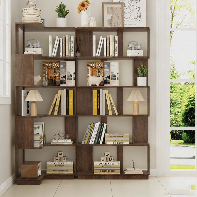 Set of 2 free combination bookcase space saving corner bookshelf 55cm plus 80cm length dark brown color and other 4 colors for option, 2 bookcases group L shaped bookcase x 1 + I shaped bookcase x 1