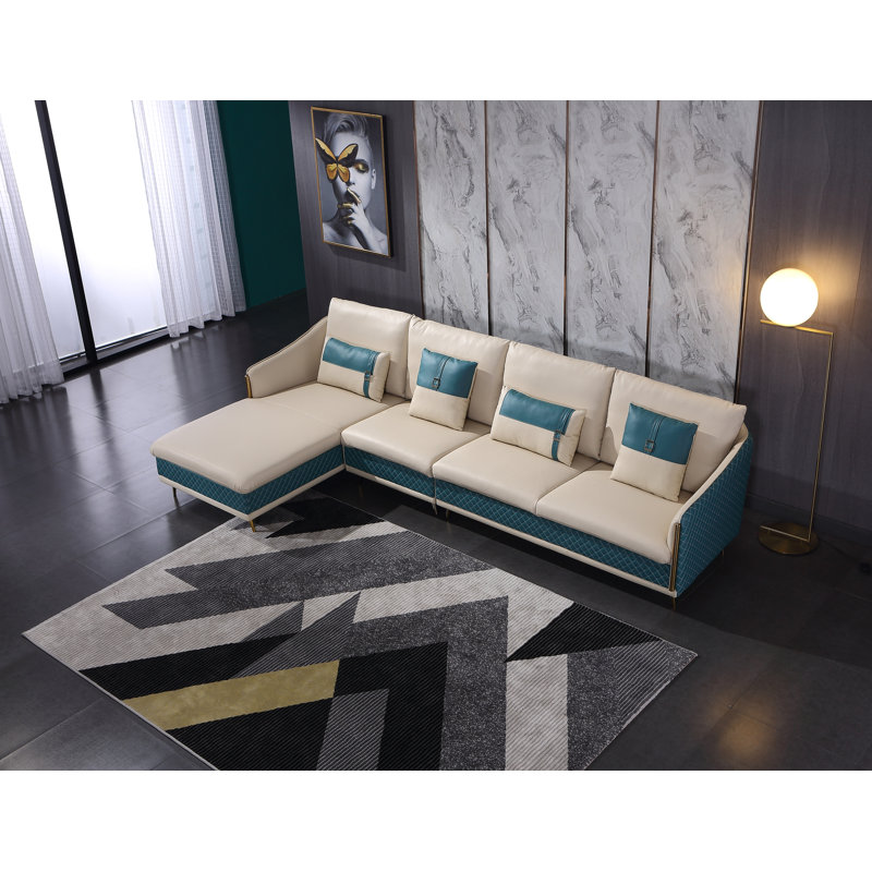Icaro Sectional, Left Hand Facing, Off White/Blue Genuine Leather