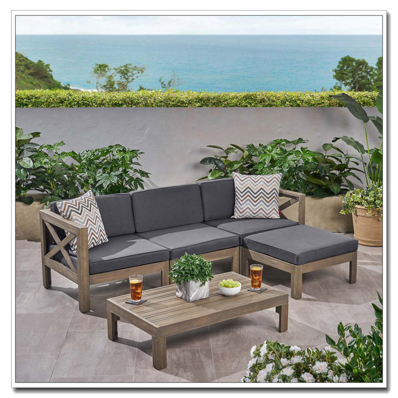 Ensemble de canapé d'extérieur en bois avec table basse, Beige, Bois brun