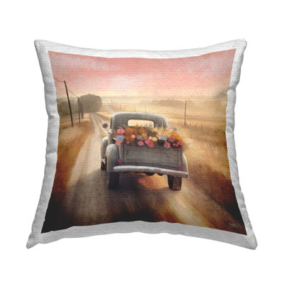 Farmer's Road Floral Truck Outdoor Printed Pillow by Elizabeth Medley
