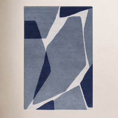 Light Blue Navy Hand-Tufted Abstract Wool Rug